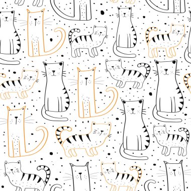 Tatlı kedilerle kusursuz konuşmalar. Çizgi film el çizimi vektör çizimi. Bebek tişörtü baskısı, moda baskısı tasarımı, çocuk giyimi, bebek partisi kutlaması ve davetiye kartı için kullanılabilir..