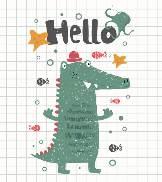 Aranyos Boldog Krokodil Rajzfilm Kézzel Rajzolt Vektor Illusztráció Használható Bébipóló — Stock Vector