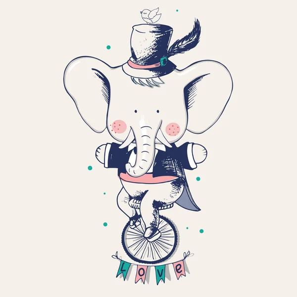 Cute Elephant Ridding Bicycle Hand Drawn Vector Illustration Vintage Style — стоковый вектор