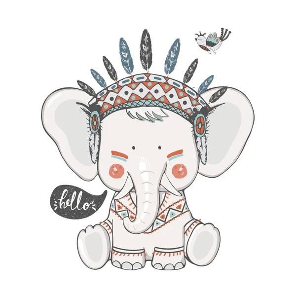 Cute Indian Elephant Indian Headband Bird Hand Drawn Vector Illustration — стоковый вектор