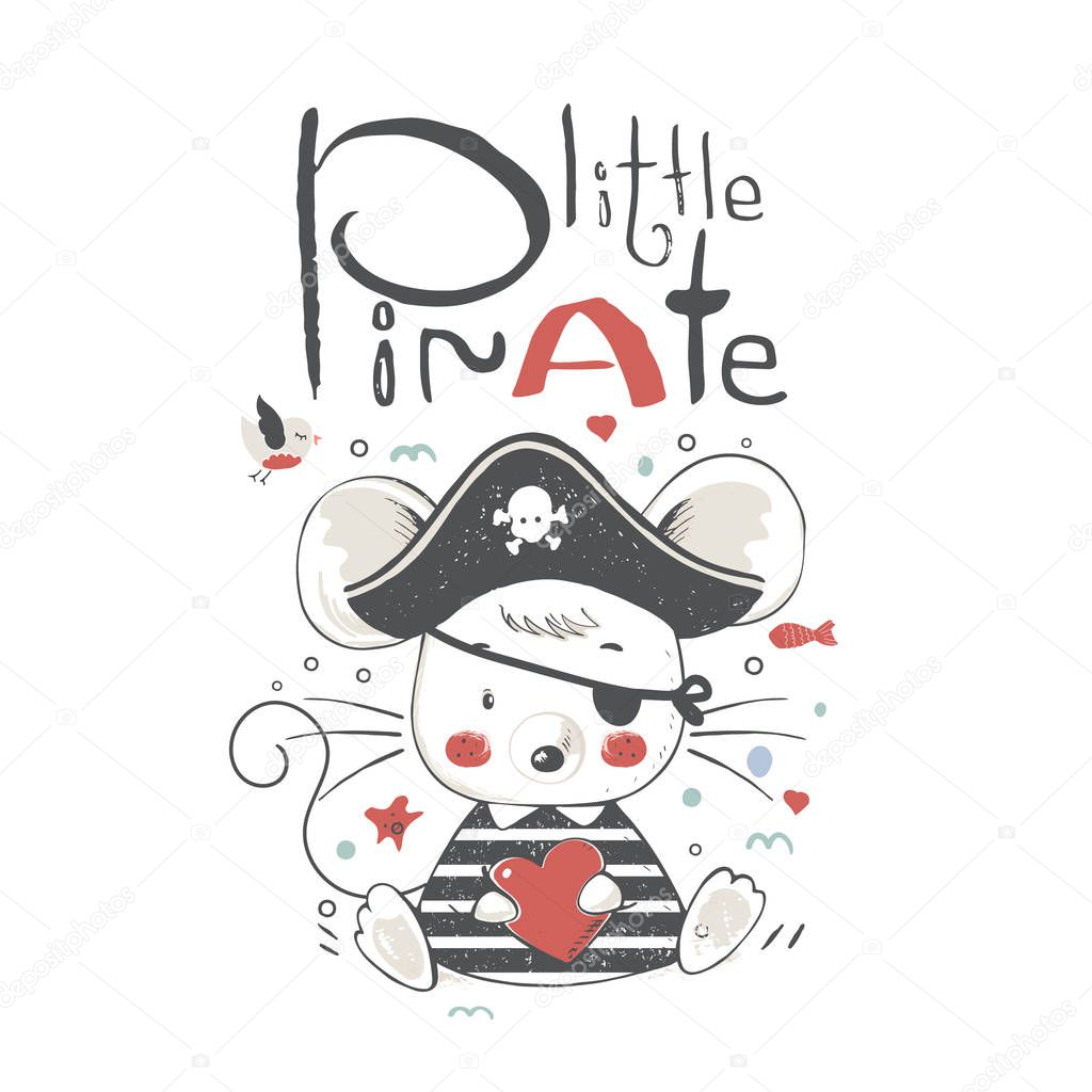 Cute baby mouse  in a  pirate  suit cartoon hand drawn vector illustration. Can be used for baby t-shirt print, fashion print design, kids wear, baby shower celebration greeting and invitation card.