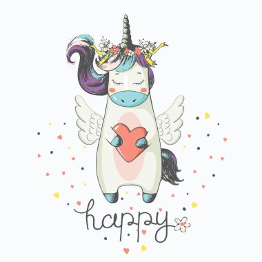 Unicorn.karikatür el çizimi vektör çizimi. Bebek tişörtü baskısı, moda baskısı tasarımı, çocuk giyimi, bebek partisi kutlaması ve davetiye kartı için kullanılabilir..