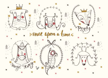  Karalama hayvan seti. El çizimi vektör çizimi. Bebek tişörtü baskısı, moda baskısı tasarımı, çocuk giyimi, bebek partisi kutlaması ve davetiye kartı için kullanılabilir.