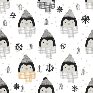 Sevimli penguen pürüzsüz el çizim vektörü çizimi Siyah ve beyaz penguen arkaplanı.