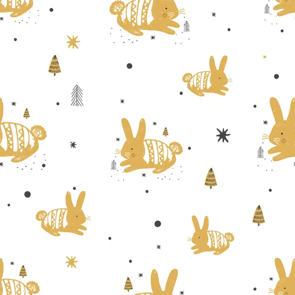 Lindo Conejo Sin Costura Pattern Hand Ilustración Vectorial Dibujado — Archivo Imágenes Vectoriales