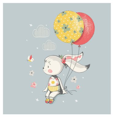 Balonlu tavşan kız. El çizimi vektör çizimi. Çocuk ya da bebek gömleği tasarımı, moda deseni, moda grafiği, tişört, çocuk giyimi için kullanılabilir.
