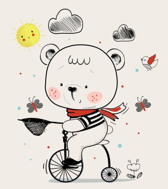 cute baby bear on bicycle.cartoon hand drawn vector illustration. Can be used for baby t-shirt print, fashion print design, kids wear, baby shower celebration greeting and invitation card.