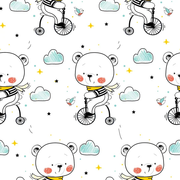 vector seamless pattern of cute baby bear on bicycle.cartoon hand drawn vector illustration. Can be used for baby t-shirt print, fashion print design, kids wear, baby shower celebration greeting and invitation card.