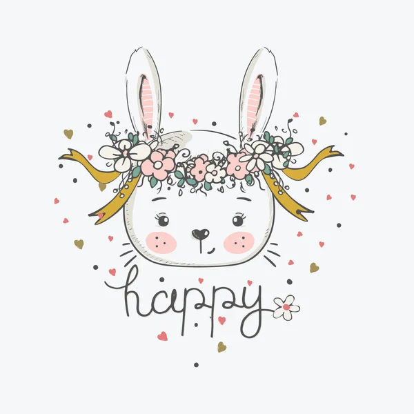 Hand Drawn Vector Illustration Cute Romantic Bunny Girl Circlet Flowers — Stock Vector