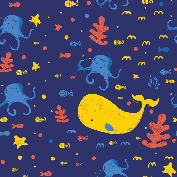 Underwater creatures.cute cartoon seamless pattern with whale, seaweed,octopus,,starfish and fish.