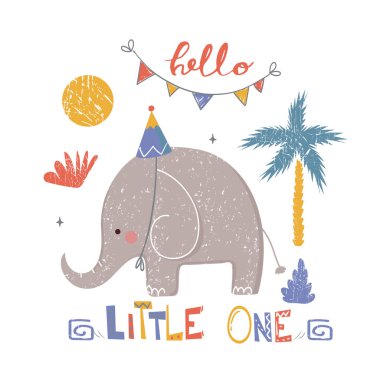 cute birthday elephant. cartoon hand drawn vector illustration. Can be used for baby t-shirt print, fashion print design, kids wear, baby shower celebration greeting and invitation card.