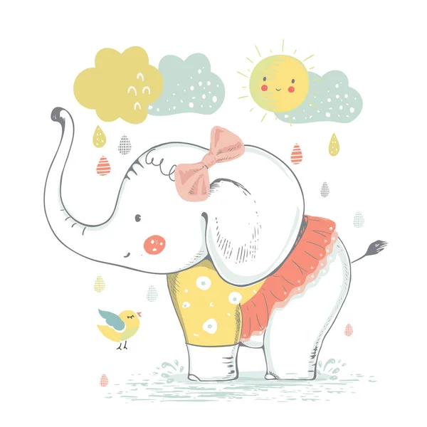 Aranyos Elefánt Kislány Rajzfilm Kézzel Rajzolt Vektor Illusztráció Használható Bébipóló — Stock Vector