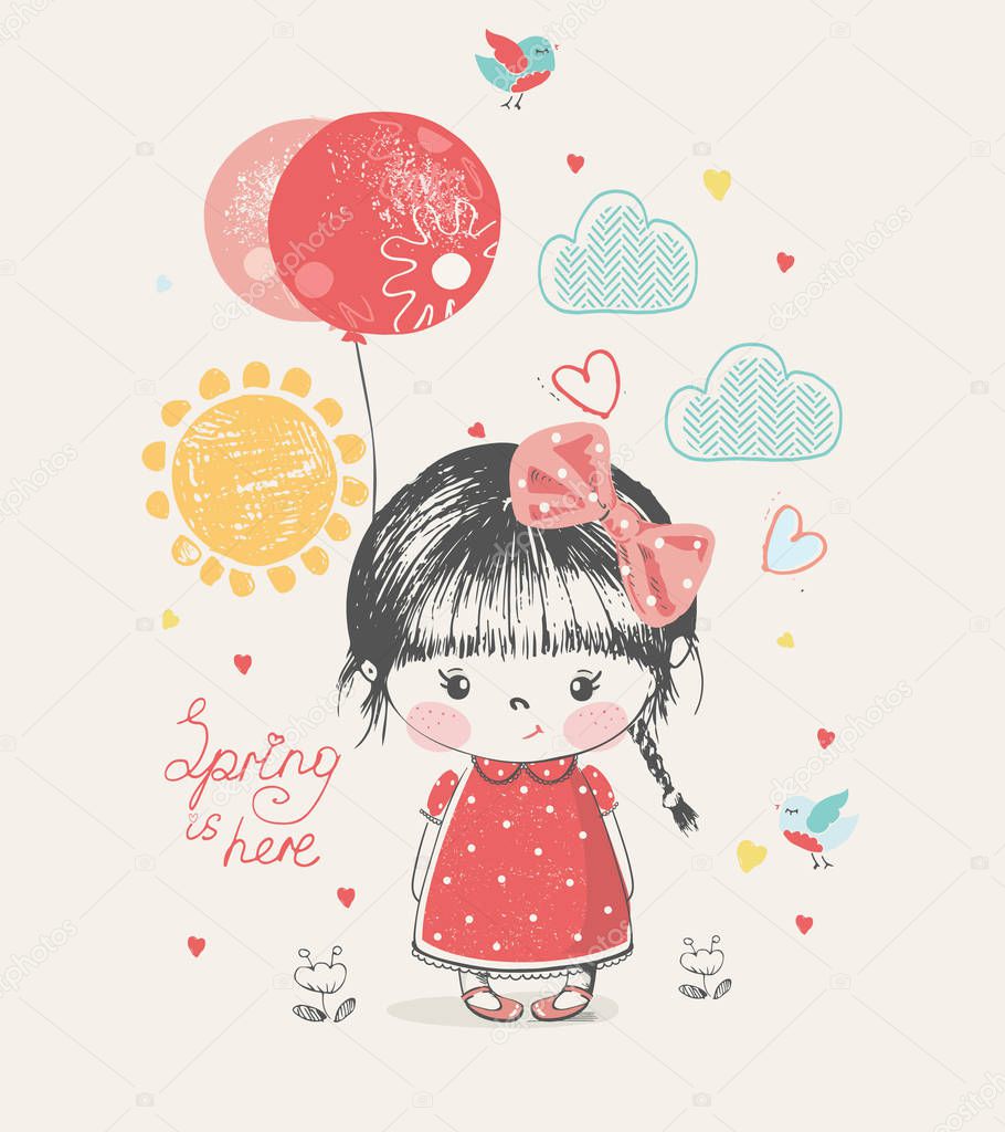 Cute Girl with balloon.hand drawn vector illustration, can be used for kid's or baby's shirt design, fashion print design, fashion graphic, t-shirt, kids wear