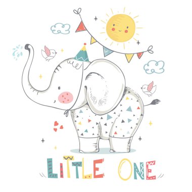 Şirin fil çocuk. karikatür el çizimi vektör çizimi. Bebek tişörtü baskısı, moda baskısı tasarımı, çocuk giyimi, bebek partisi kutlaması, tebrik ve davetiye kartı için kullanılabilir..