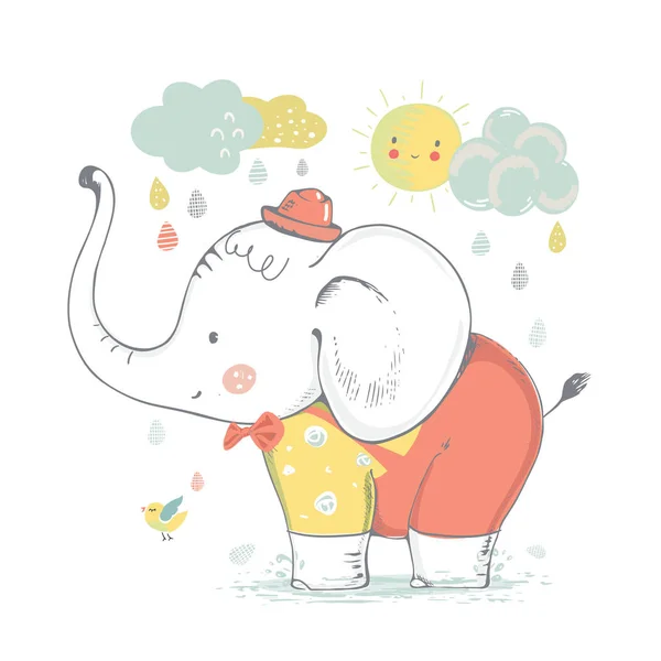 Aranyos Elefánt Kisfiú Rajzfilm Kézzel Rajzolt Vektor Illusztráció Használható Bébipóló — Stock Vector