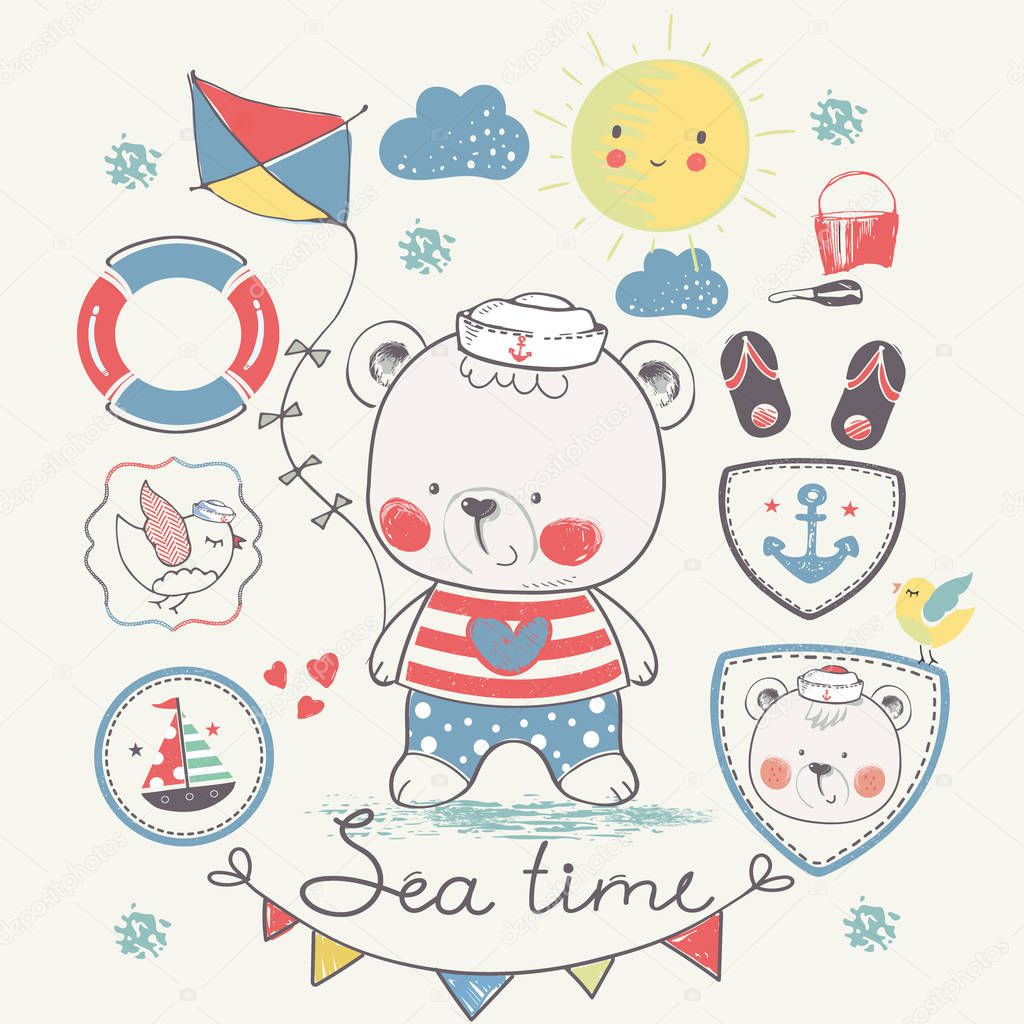 summer set.  hand drawn vector illustration with cute  baby bear.Can be used for baby t-shirt print, fashion print design, kids wear, baby shower celebration, greeting and invitation card.