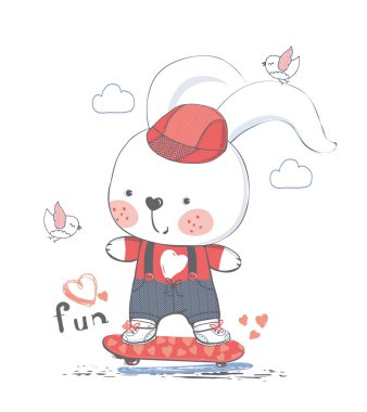 Kaykaydaki tavşan. El çizimi vektör çizimi. Çocuk ya da bebek gömleği tasarımında kullanılabilir. Moda deseni, moda grafiği. Çocuk tişörtü, çocuk tişörtü, tişörtü.