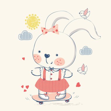 Bunny / rabbit on kaykay / hand drew vector illustration / can 't use / can' t be use for kid 's shirt design / fashion graphic / kids wear / baby shower card / celebrate card / Greeting card / davetiye kartı /