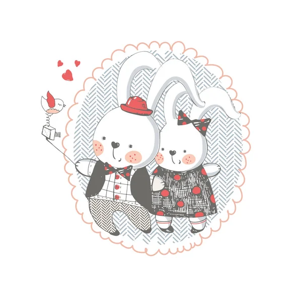 Couple Bunnies Making Selfie Hand Drawn Vector Illustration Can Used — стоковый вектор