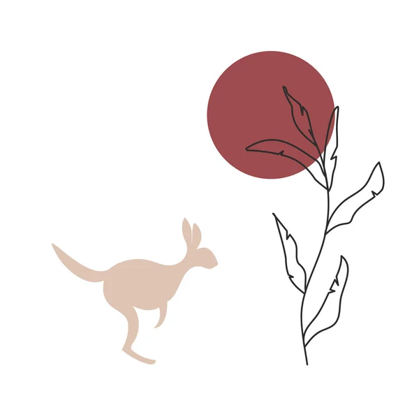 现代插图 澳大利亚袋鼠 背景是红色的大太阳和植物的轮廓 — 图库矢量图片