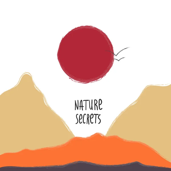 Ręcznie Rysowana Ilustracja Czerwonym Słońcem Górami Tekstem Tajemnic Natury Nowoczesny — Wektor stockowy