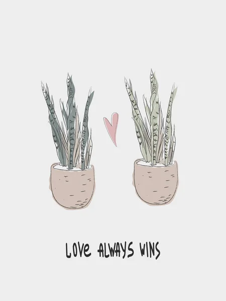 Dvě Rostliny Květináčích Láska Vždycky Vyhraje Frázi Kreslený Styl Abstraktní — Stockový vektor