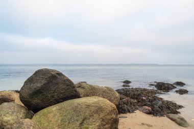 Suyun üstünde ve içinde bir sürü taş olan harika bir sahil manzarası.