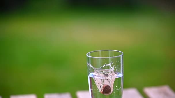 Une noisette tombe dans un verre d'eau au ralenti 