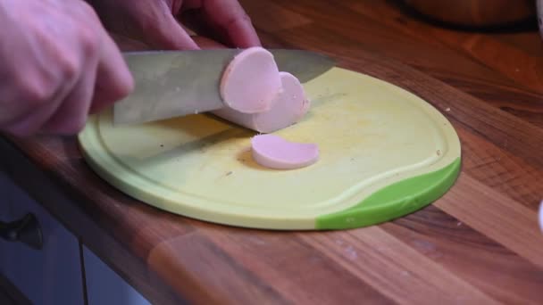 Sausage Cut Small Pieces Kitchen Board Kitchen Shelf Sharp Knife — Stock Video