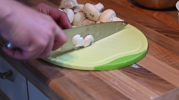 Someone Cutting Mushrooms Small Pieces Board Sharp Knife — Stock Video