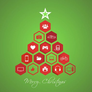 Neşeli Noel ağacı altıgen öğeleri simge arka plan kartı