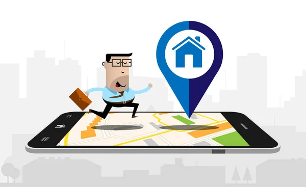 Homme d'affaires en marche sur un smartphone avec une carte affichée — Image vectorielle
