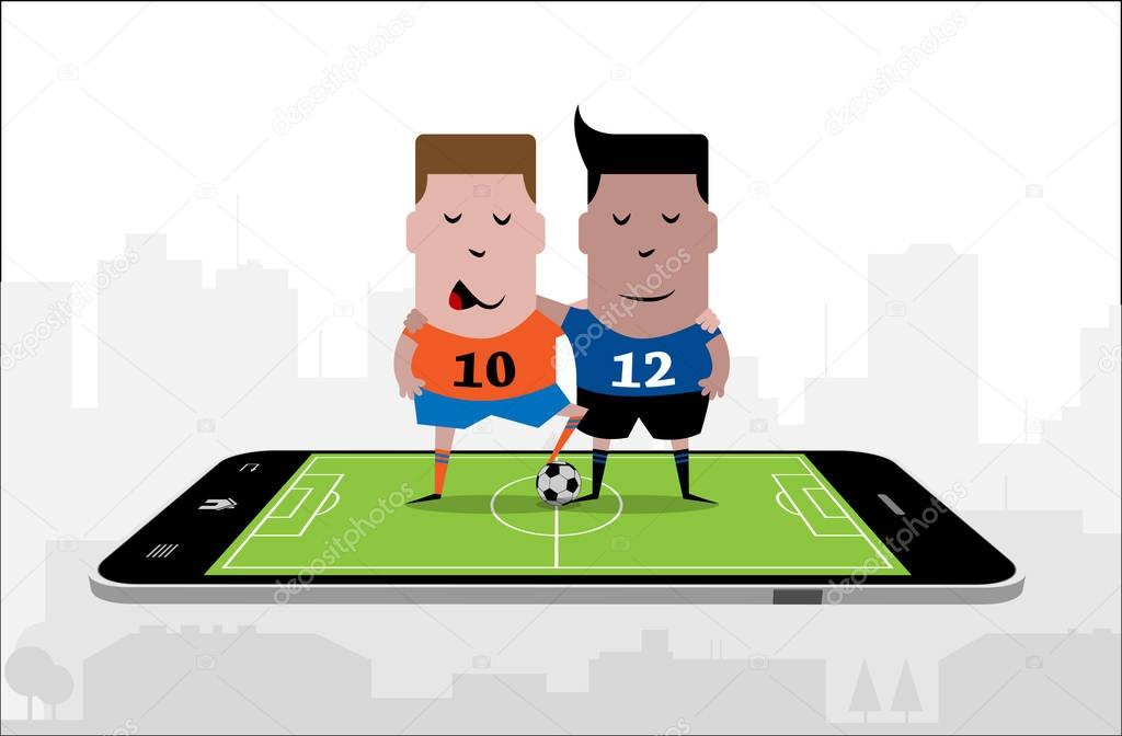 Two soccer players embrace each other on the surface of a smartphone. 