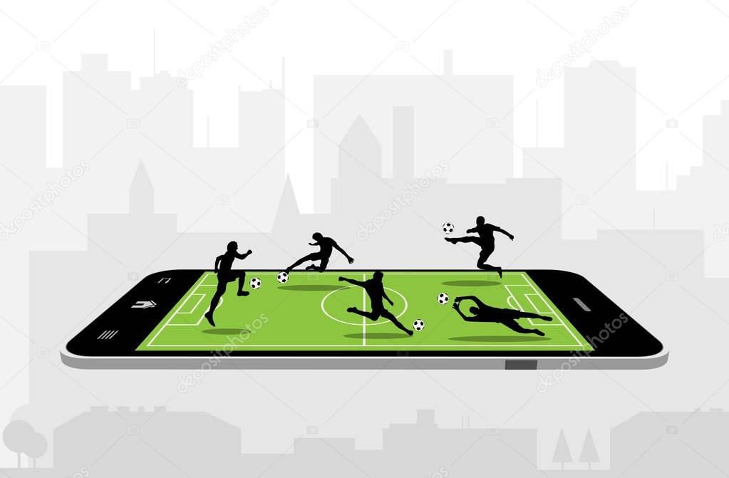 Football players on the surface of a smartphone. 