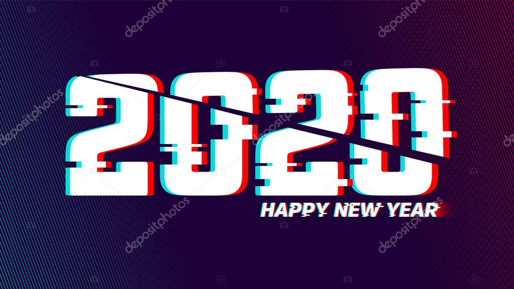 Vector glitch 2020. 2020 happy new year with Tv distortion effect. Date with vhs glitch effect. Applicable for banner design, calendar, invitation, party flyer etc. 