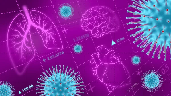 Effects of coronavirus on the lungs, heart and brain. Medical background. Microbiology and virology concept - 3d Rendering.