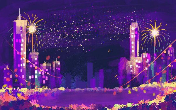 illustration Building and fireworks for Happy new year