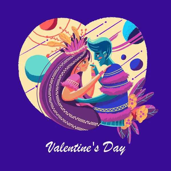 Illustrazione Coppia Con Abito Tribale Stile Colorato San Valentino — Vettoriale Stock