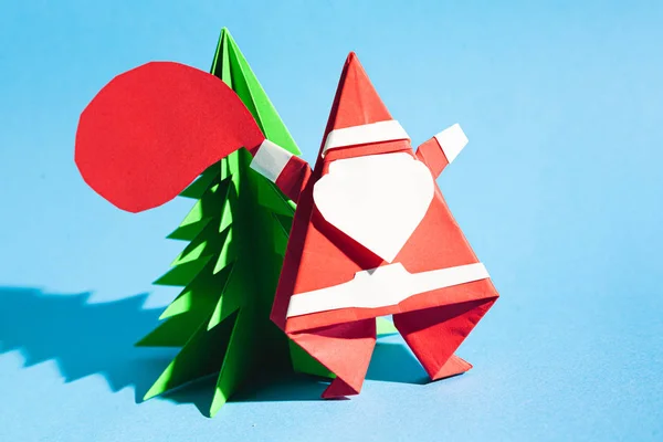 Origami Santa Claus Con Una Bolsa Regalos Una Postal Dibujos — Foto de Stock