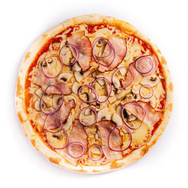 Pizza izolasyonu, orta boy, üst manzara. Pizzanın stok fotoğrafı.