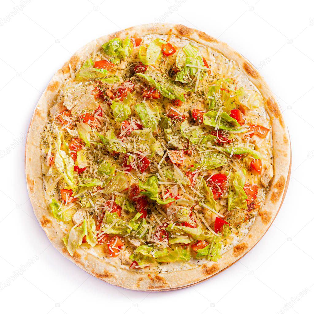 Pizza isolate, medium size, top view. Stock photo of pizza.