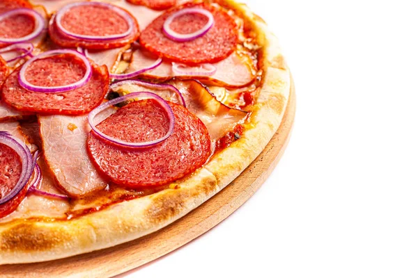 Pizza Perto Foto Pizza Isolada Stand Com Espaço Branco Lado — Fotografia de Stock