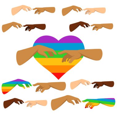 Bir el diğer ele uzanır. Farklı etnik köken ve Lgbt insanları için hoşgörüyü sembolize eden izole vektör çizimleri.