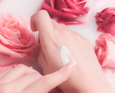 Spa Salonu: Pembe Güller ve Gül Yapraklı Su Kasesinde Fransız Manikürlü Güzel Kadın Elleri.