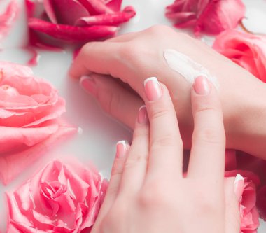 Spa Salonu: Pembe Güller ve Gül Yapraklı Su Kasesinde Fransız Manikürlü Güzel Kadın Elleri.