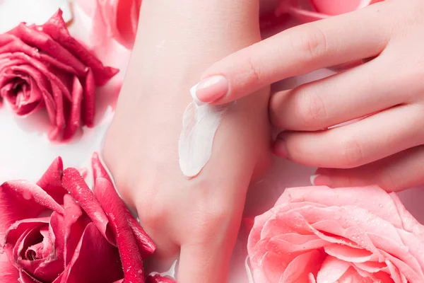 Spa Salonu: Pembe Güller ve Gül Yapraklı Su Kasesinde Fransız Manikürlü Güzel Kadın Elleri.