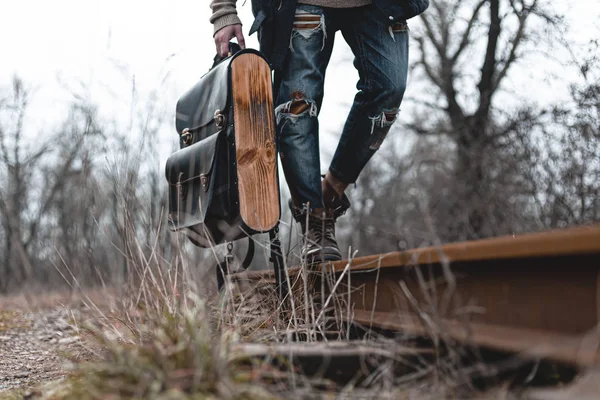 Guy Suede Autumn Boots Railway Concept Hiking Travel Practical Clothes — Stock Photo, Image