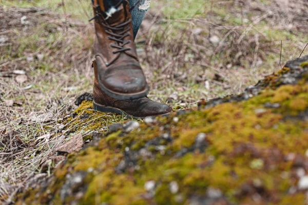 Guy Hiking Comfortable Hiking Boots Boots Close Stock Photo — Stock Photo, Image