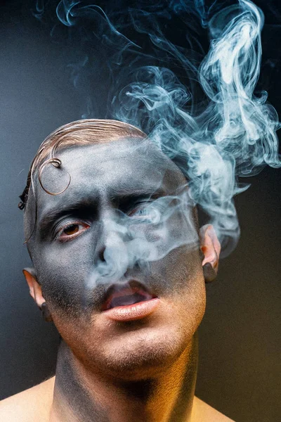 Studio Portrait Make Guy Blowing Smoke Art Stock Photo Addition — 스톡 사진