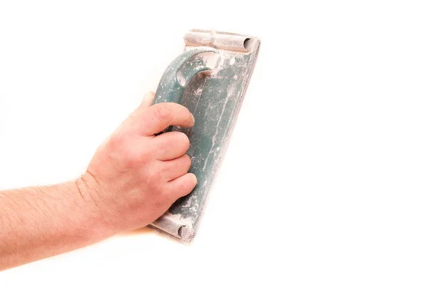 Plasterer Smooths Walls Sandpaper Close Male Hand Worker Stock Photo — 스톡 사진